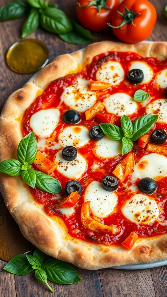 A gluten-free pizza with a golden crust, topped with tomato sauce, mozzarella cheese, and fresh vegetables on a wooden table.